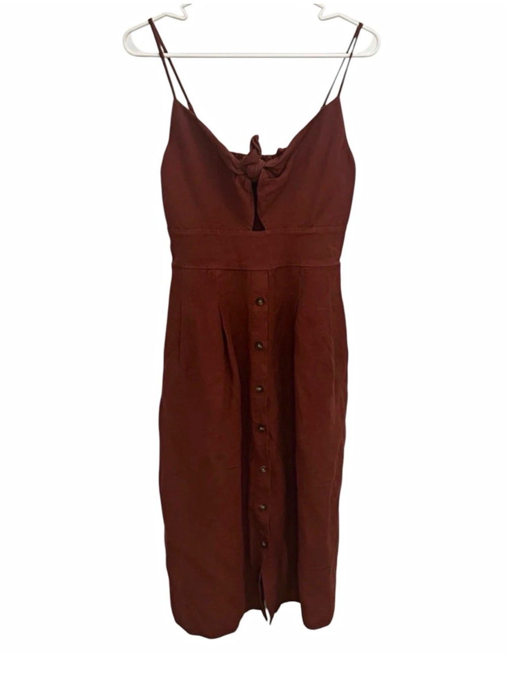 Express Linen-Blend Tie-Front Button Midi Dress in a terracotta rust Size S
